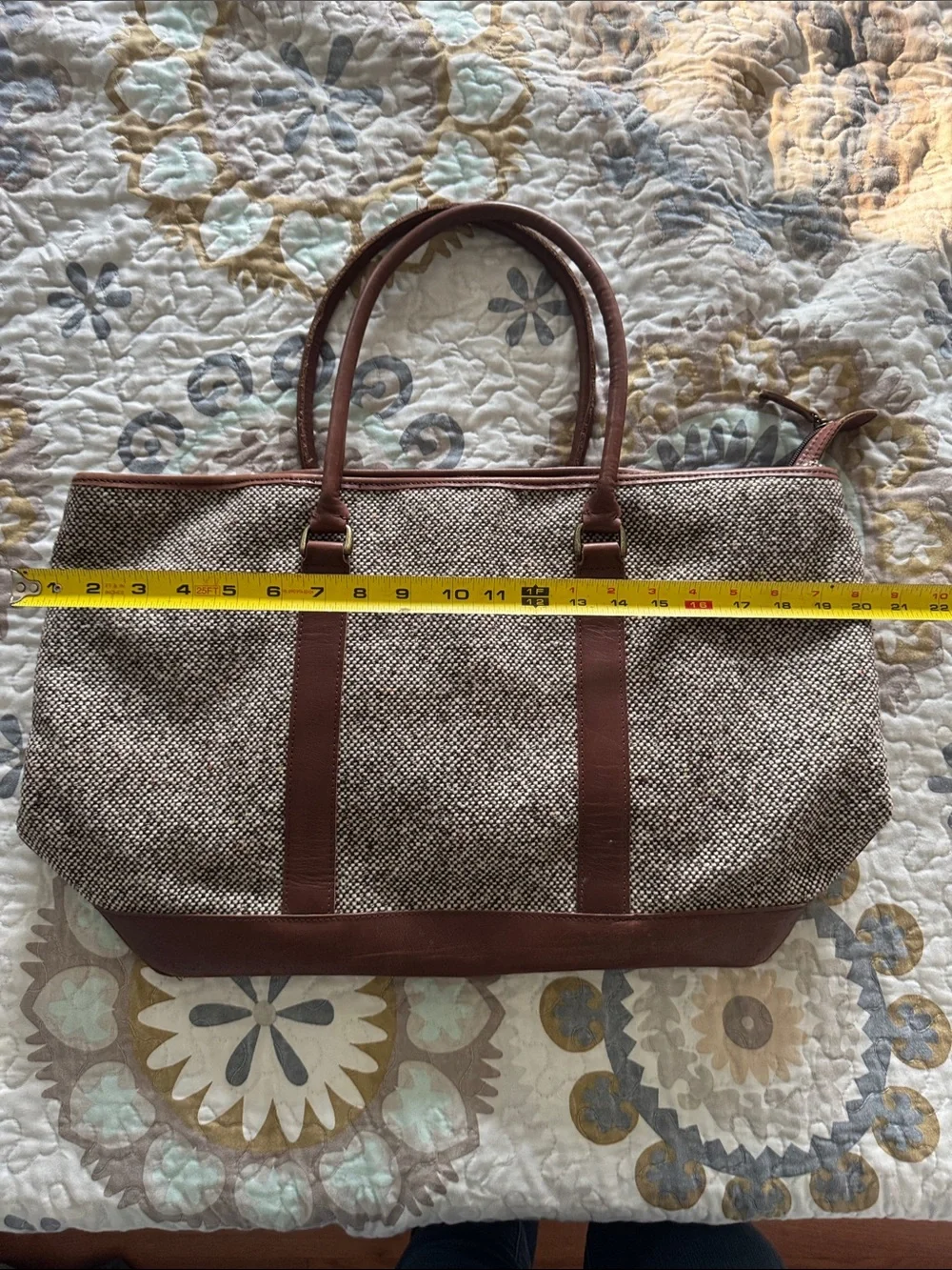 Vintage L.L. Bean Tan Tweed Tote with Brown Leather Trim and Handles
